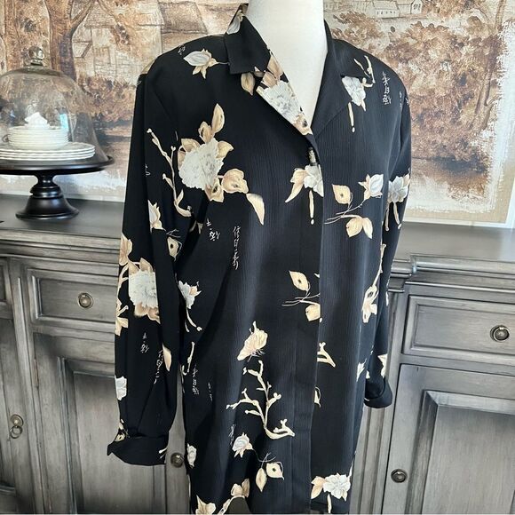 Vintage Christie & Jill Asian Buttoned Down Black Floral Blouse size Lg Grande - Picture 7 of 12